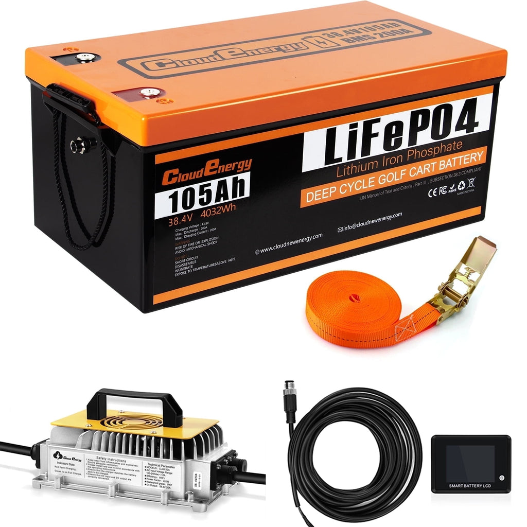 Cloudenergy 36V(38.4V) LiFePO4 Golf Cart Battery Built-in 250A Bluetooth BMS,with 20A Charger,Touch Monitor,6000+ Cycles,Perfect for Golf Carts,Trolling Motor(GFA36V-105Ah With Charger)