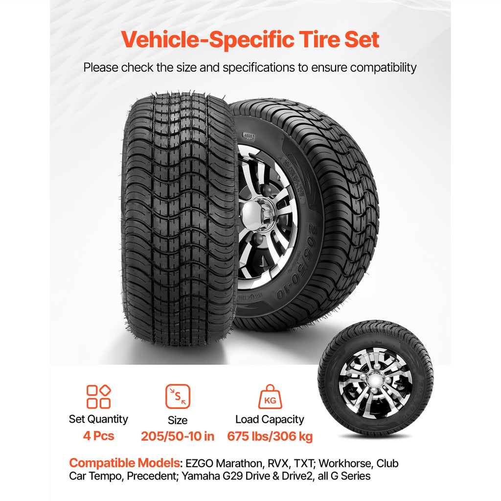 KFFKFF Golf Cart Wheels,10 205/50-10 Aluminum Alloy Golf Cart Tires and Wheels Combo (Set of 4),4-Ply Rubber 4-Lug Lawn Mower Tires & Rims, 675 lbs Load Capacity