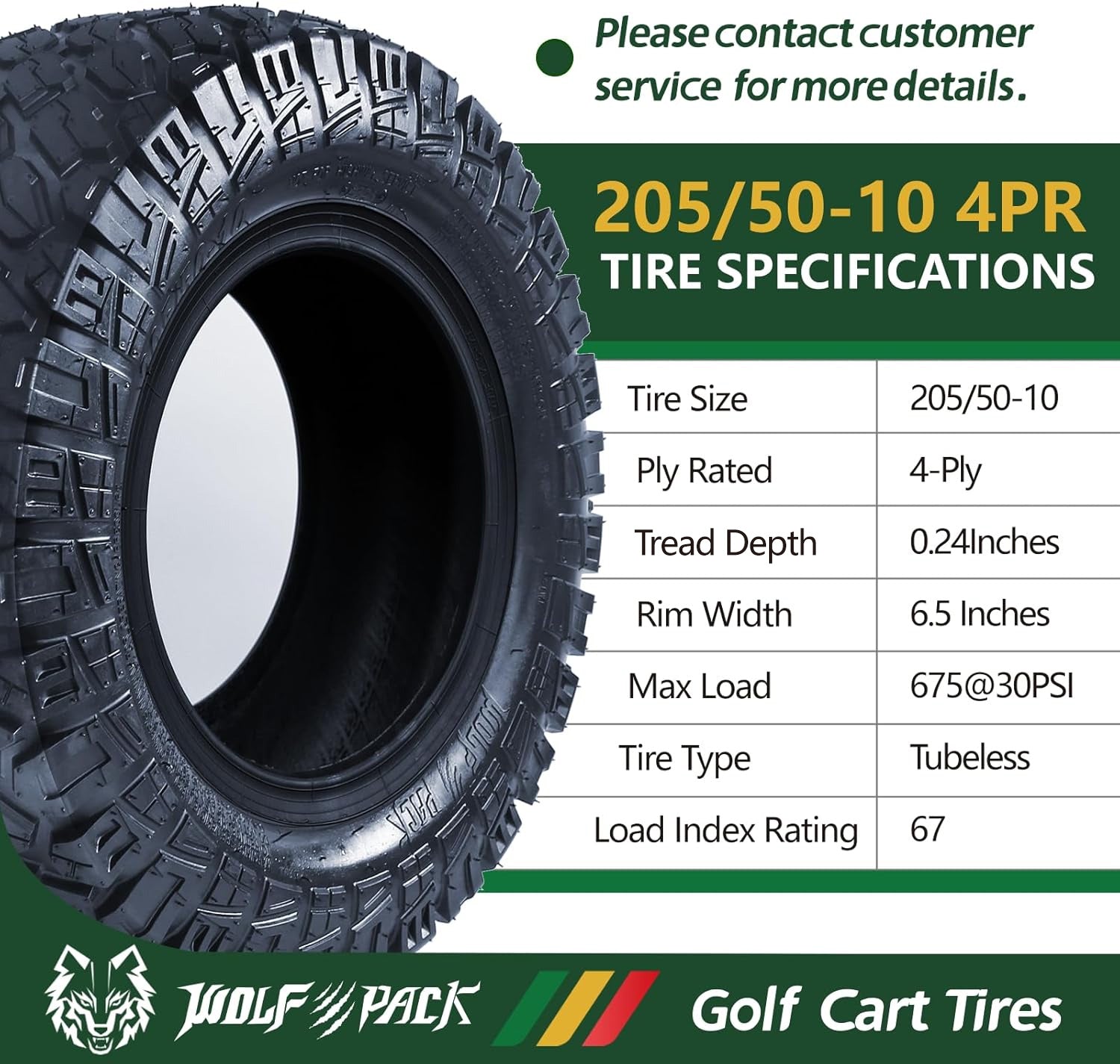 Set 4 WOLF PACK Golf Cart Tires 205/50-10 All Terrain Tubeless Tire