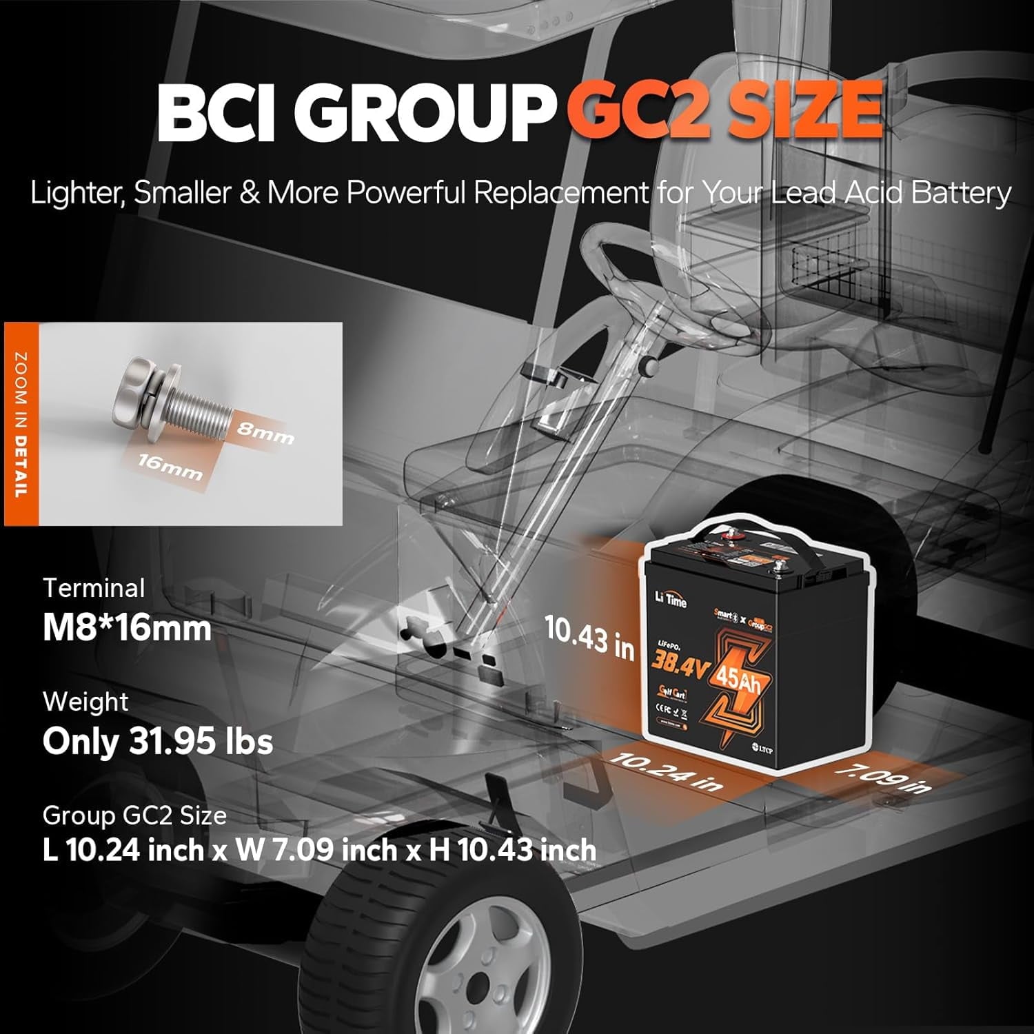 LiTime 36V 45Ah GC2 Bluetooth Lithium Golf Cart Battery, Replace T-105/T-125/T-145/T-605