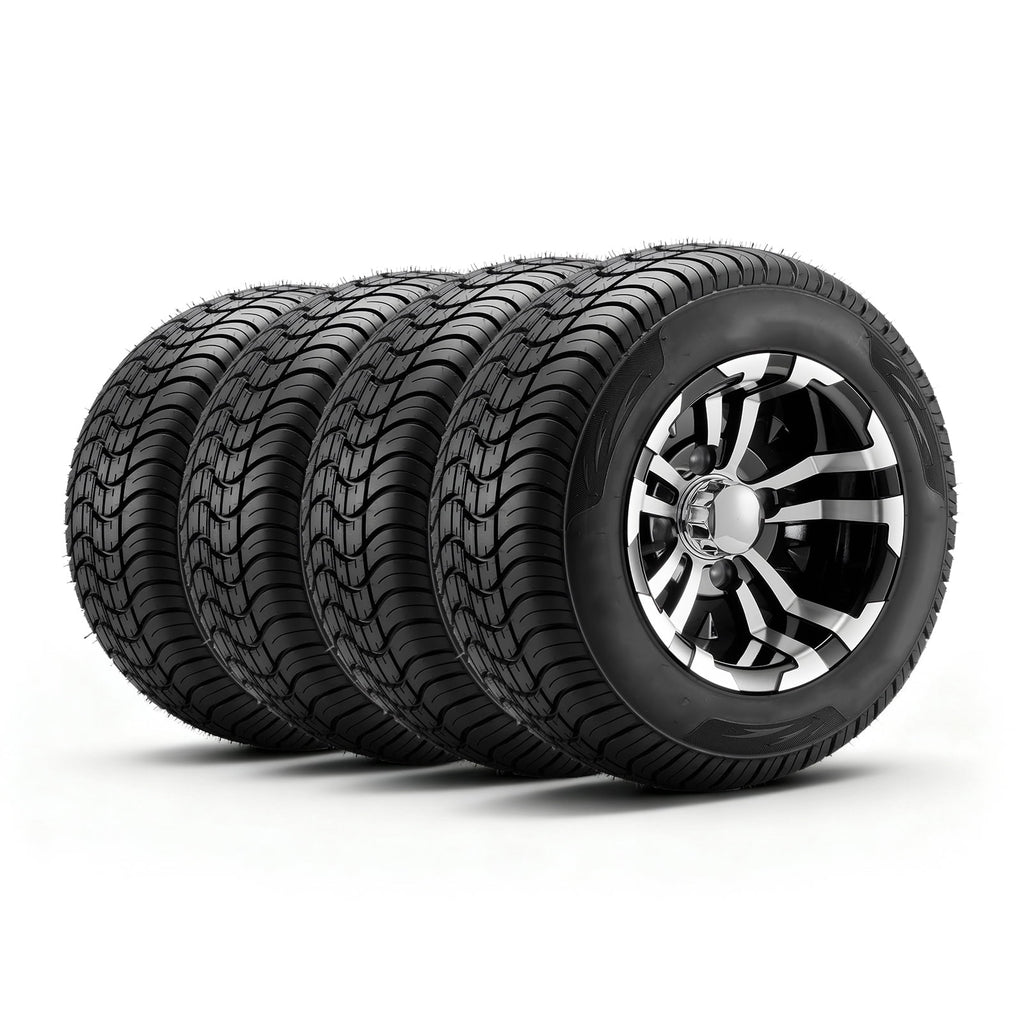 KFFKFF Golf Cart Wheels,10 205/50-10 Aluminum Alloy Golf Cart Tires and Wheels Combo (Set of 4),4-Ply Rubber 4-Lug Lawn Mower Tires & Rims, 675 lbs Load Capacity