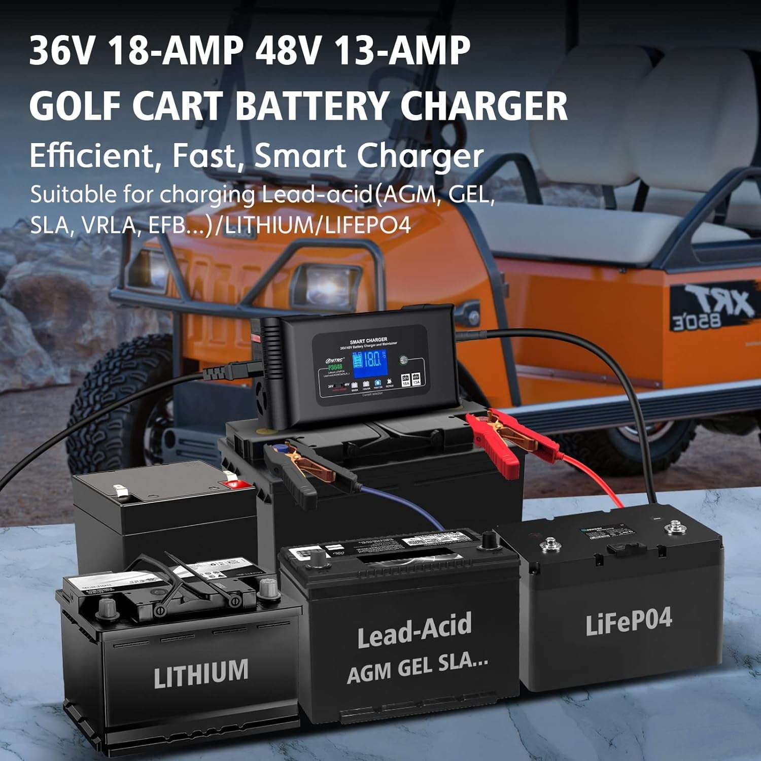 Golf cart Battery Charger, 48V 13A and 36V 18A Trickle Battery Charger,48 Volt cart Golf Charger,for 48 Volt Club Golf Car,Lithium,LiFePO4,Lead-Acid AGM/Gel/SLA..Battery Charger,3 Pin Round Plug