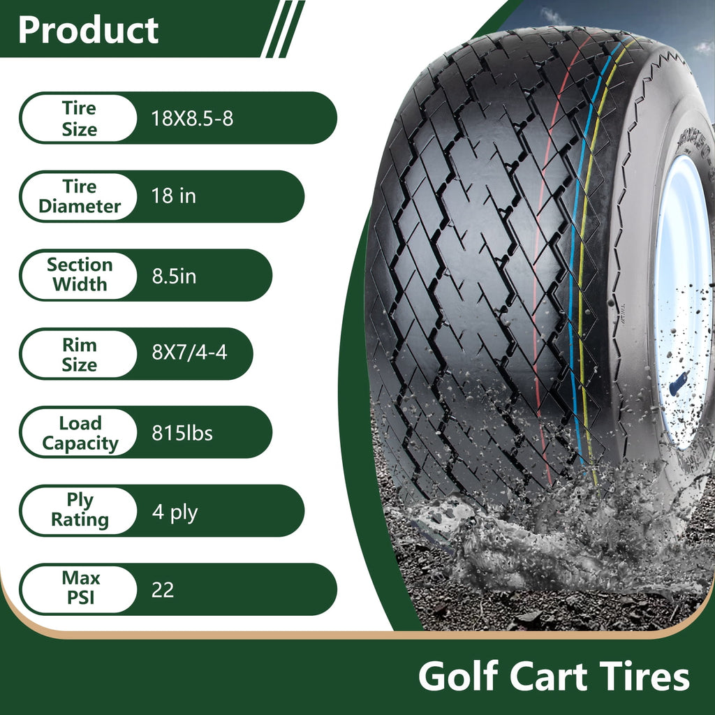 Hi-Run 4 Set SU15 18X8.50-8 4PR Golf Cart Tires Wheel Assembly & 8X7 4 Lugs on 4 PCD White Rim Fits 18X8.5X8, 18X8.5-8
