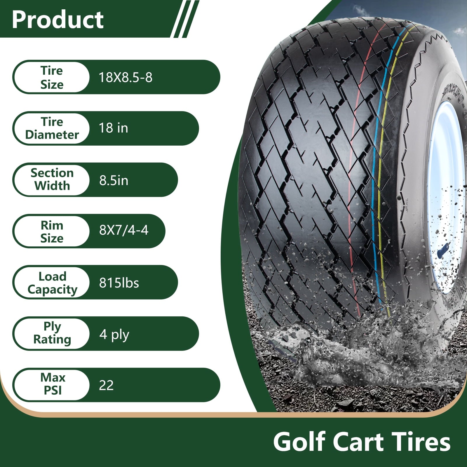 Hi-Run 4 Set SU15 18X8.50-8 4PR Golf Cart Tires Wheel Assembly & 8X7 4 Lugs on 4 PCD White Rim Fits 18X8.5X8, 18X8.5-8